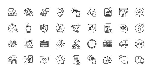 Consumption growth, User info and Video conference line icons pack. AI, Question and Answer, Map pin icons. Full rotation, Freezing click, Like web icon. Dont touch, Shield, Timer pictogram. Vector