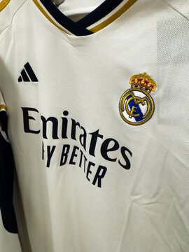 Macro closeup of the official jersey of the football club, Real Madrid of Spain. Rio de Janeiro, RJ, Brazil. March 2024