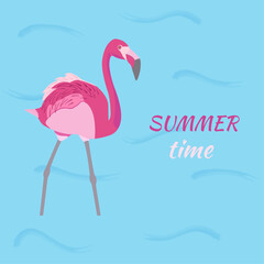 Pink flamingo bird on a blue background and text summer time. Greeting card invitation. Bright summer background banner with place for text. Vector cartoon flat illustration. Blue sea with waves.