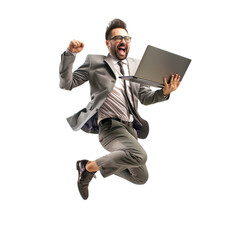 Business man jump and fly with laptop in air