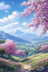 A picturesque countryside or park is depicted