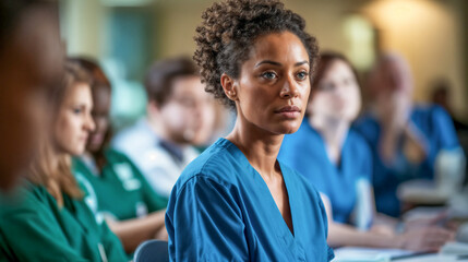 Concentrating Nurse in Blue Scrubs at a Multicultural Meeting - obrazy, fototapety, plakaty