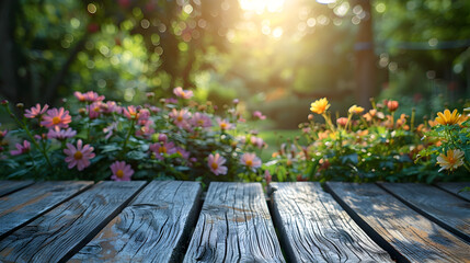 Wooden Table Top in Blooming Garden Bathed in Sunlight Evoking Serene Atmosphere