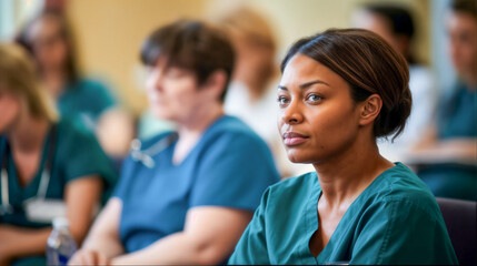 Concentrating Nurse in Blue Scrubs at Medical Seminar - obrazy, fototapety, plakaty