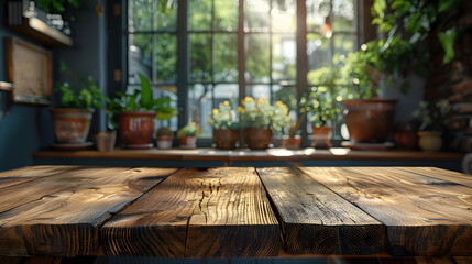 Wooden Tabletop Ready for Product Display in Bright Interior with Nature-filled Window View - obrazy, fototapety, plakaty