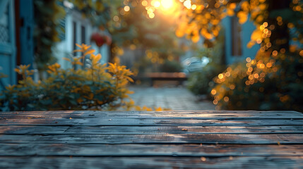 Wooden Walkway Leading to an Autumnal House at Sunset with Bokeh Lights and Warm Atmosphere