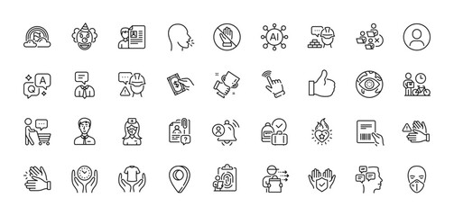 Remove team, Fingerprint and Builder warning line icons pack. AI, Question and Answer, Map pin icons. Cough, Buyer think, Medical mask web icon. Like, Cursor, Businessman person pictogram. Vector