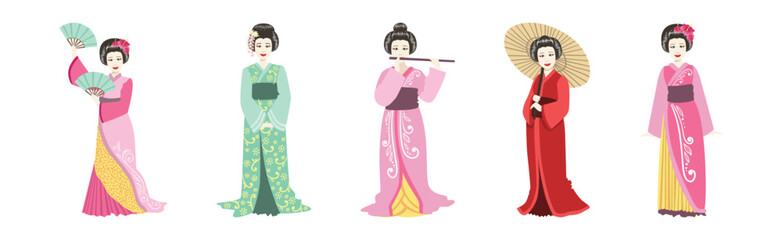 Woman Geisha in Traditional Japanese Wear Standing Vector Set