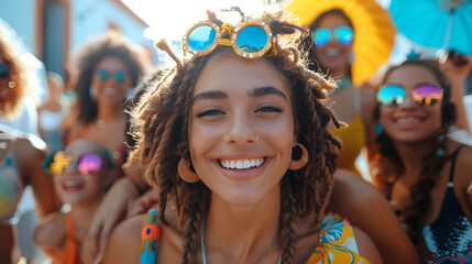 Youthful Exuberance at Music Festival: A Woman Stands Out with Dreads and Blue Sunglasses - obrazy, fototapety, plakaty