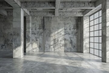 Empty industrial style room interior with concrete walls and floor, 3D rendering illustration - obrazy, fototapety, plakaty