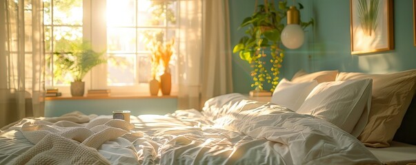 Cozy Bedroom with Morning Sunlight and Fresh Plants - obrazy, fototapety, plakaty