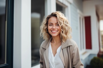 Fototapeta premium Attractive blonde woman sitting in a modern home wearing casual clothing and smiling, happy mood, happy life