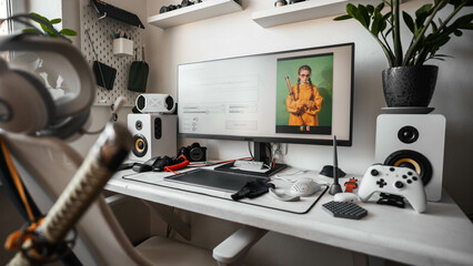 The artificial intelligence program generates an image according to a given prompt on a large monitor of a home computer. The chair is empty. Concept: AI replaces human creative work.