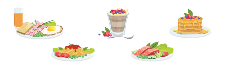 Different Meal and Food Served on Plate Vector Set