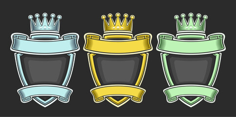 Vector Royal Crests Set, collection of three isolated illustration colorful heraldic crests with copyspace, group of decorative variety retro signboards with ribbons for title text on black background