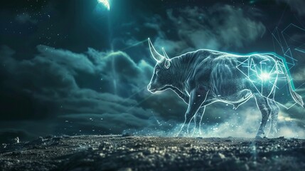 A holographic Bitcoin bull radiating strength and prosperity