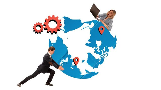 Woman working on laptop and man holding location pin over world globe. Improving efficiency in logistics. Concept of logistics, business, worldwide shipping and delivery. Stop motion, animation