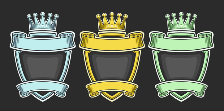 Vector Royal Crests Set, collection of three isolated illustration colorful heraldic crests with copyspace, group of decorative variety retro signboards with ribbons for title text on black background