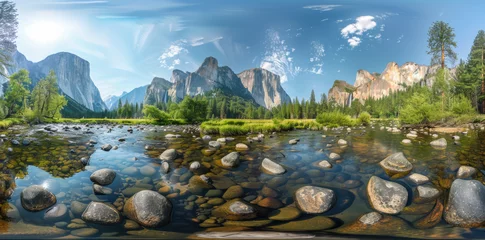 Poster panoramic photo of Yosemite National Park, river and rocks in the foreground, blue sky, mountains in the background, green trees © Kien