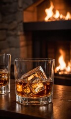 Glass of whiskey with ice cubes on wooden table in front of fireplace.