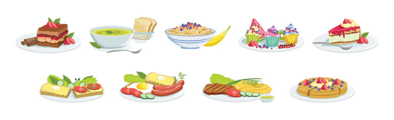 Different Meal and Food Served on Plate Vector Set