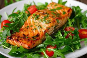 Grilled salmon fillet with fresh leafy green salad, healthy and delicious meal with vibrant colors, digital food photography - obrazy, fototapety, plakaty