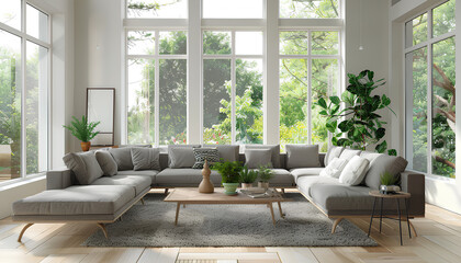 Interior of light living room with grey sofas, coffee table and large window - obrazy, fototapety, plakaty