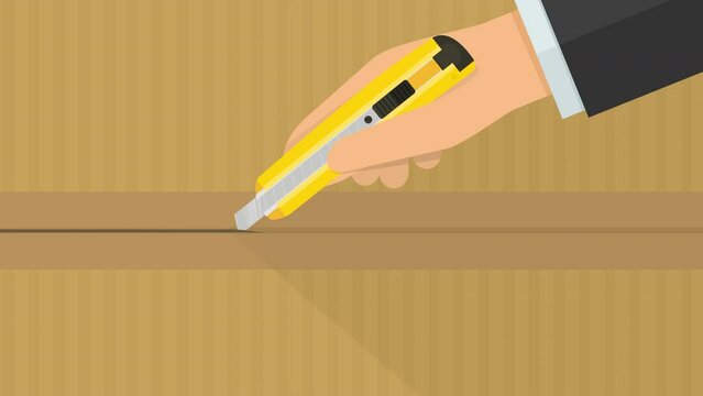 Animation loop of a hand scrolling and cutting the tape from a cardboard package with a yellow cutter in flat design style