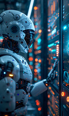 Futuristic robotic engineers operating advanced control systems in a high-tech command center. Futurism and artificial intelligence concept for visionary technology design.