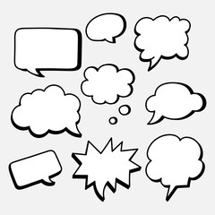 Graphic elements used in illustrations and designs inspired by comics to represent dialogues, thoughts, emotions, or sound effects include speech bubbles