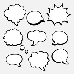 A collection set of black and white comic strips for superhero stories, featuring actions, sound effects like explosions, speech bubbles, thought bubbles, and dialogue clouds