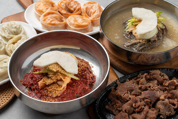 Korean food, Pyongyang, dumplings, cold buckwheat noodles, bibim, Kaesong, charcoal fire, grilled, spicy, pork, and king dumplings