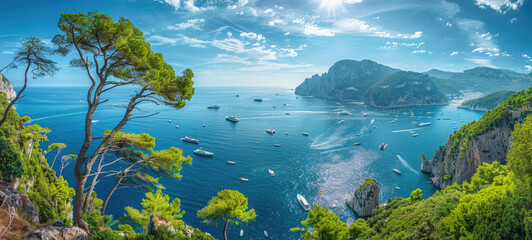 panoramic view of the sea with some boats and lush greenery on Capri island in Italy, blue sky with clouds