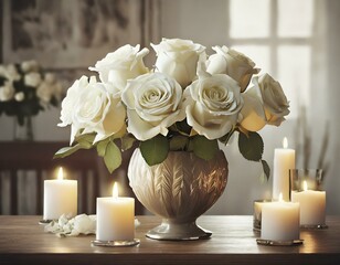 white roses in a vase with candles on a table