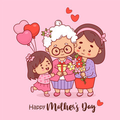 Cute family. Happy grandmother with adult daughter and little granddaughter. Festive characters female generation grandma, mom, daughter. Mother's Day card. Vector illustration