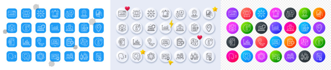 Currency exchange, Telemedicine and Location line icons. Square, Gradient, Pin 3d buttons. AI, QA and map pin icons. Pack of Medical vaccination, Certificate, Face id icon. Vector