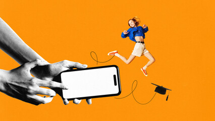 Contemporary art collage. Young overjoyed female student jumping out of blank screen of smartphone. Finish education. Holidays. Concept of e-learning, digitalization, work and study online. Ad