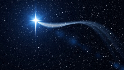 Christmas star of the Nativity of Bethlehem, Nativity of Jesus Christ with rays of light. Background of the starry sky and bright star. - 767935309