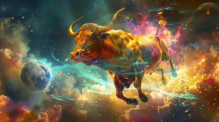 An ethereal bull crafted from Bitcoins and digital energy - obrazy, fototapety, plakaty