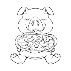 Cartoon black and white cute pig enjoys pizza hand drawn. 
Coloring Images, Flat, Poster, Vector, Illustration, Cartoon, EPS10.