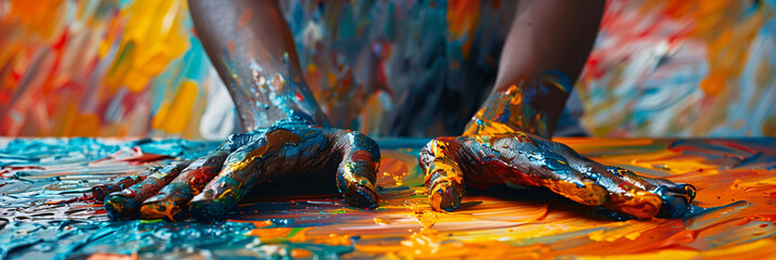 Artist's hands covered in colorful paint creating abstract oil paintings. Art therapy and creativity concept for design and workshops