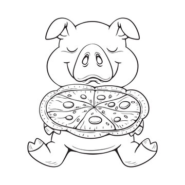 Cartoon black and white cute pig enjoys pizza hand drawn. 
Coloring Images, Flat, Poster, Vector, Illustration, Cartoon, EPS10.
