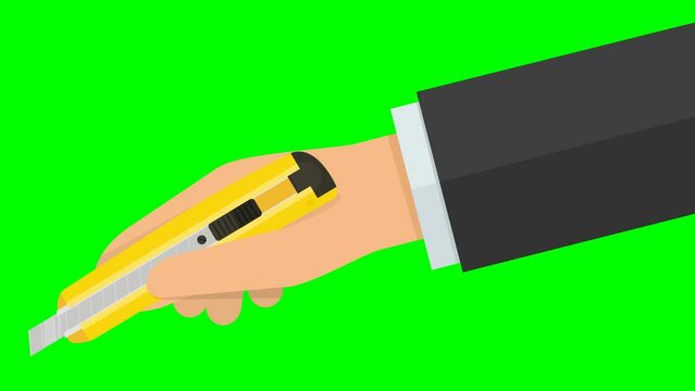Looped animation of a hand cutting with a yellow cutter in flat design style on a green background, transparent background and with alpha channel