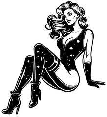 pin-up girl in starry space suit retro vector illustration silhouette laser cutting black and white shape