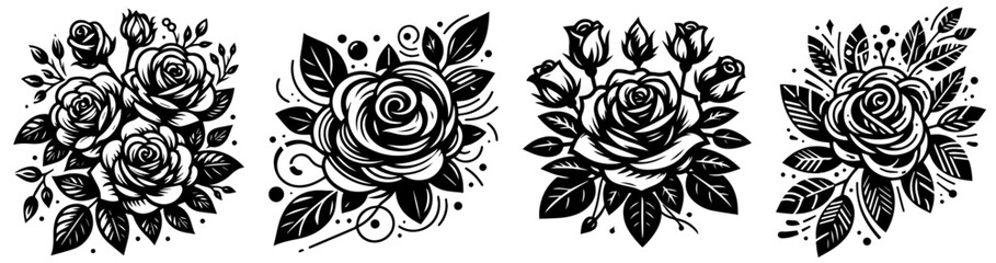 roses bouquets floral elegance design vector illustration silhouette laser cutting black and white shape