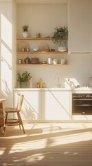 interior of modern comfortable kitchen room, modern furniture with utensils, shelves with crockery and plants, refrigerator and table in simple minimal dining room