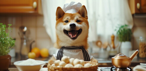 smiling funny cute dog shiba inu with open mouth, cooking in the kitchen in a chef's cap, banner