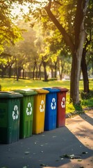 different color recycling bins in city park bins for collection of recycle materials