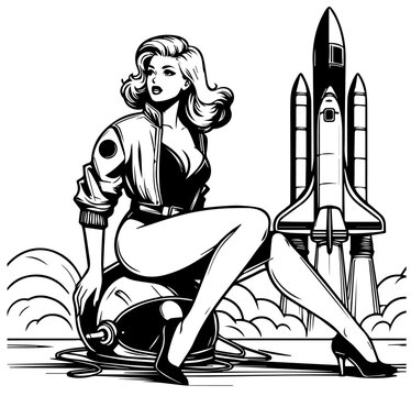 pin-up girl with space rocket background retro vector illustration silhouette laser cutting black and white shape