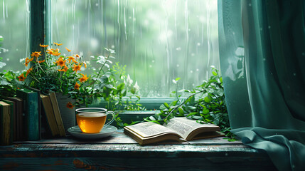 Cozy rainy day by the window with open book, hot beverage, and plush throw. Home comfort and relaxation concept